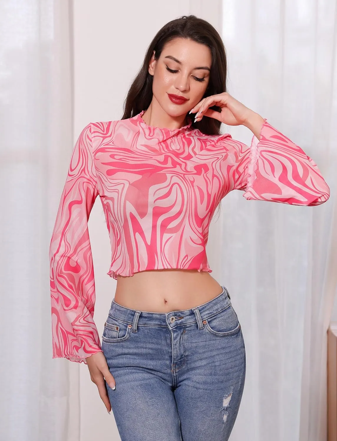 ABAFIP Women's Floral Bell Sleeve Crop Top Ruffle Mock Neck Flowy Flare Sleeve 70s Hippie Sheer Mesh Shirts