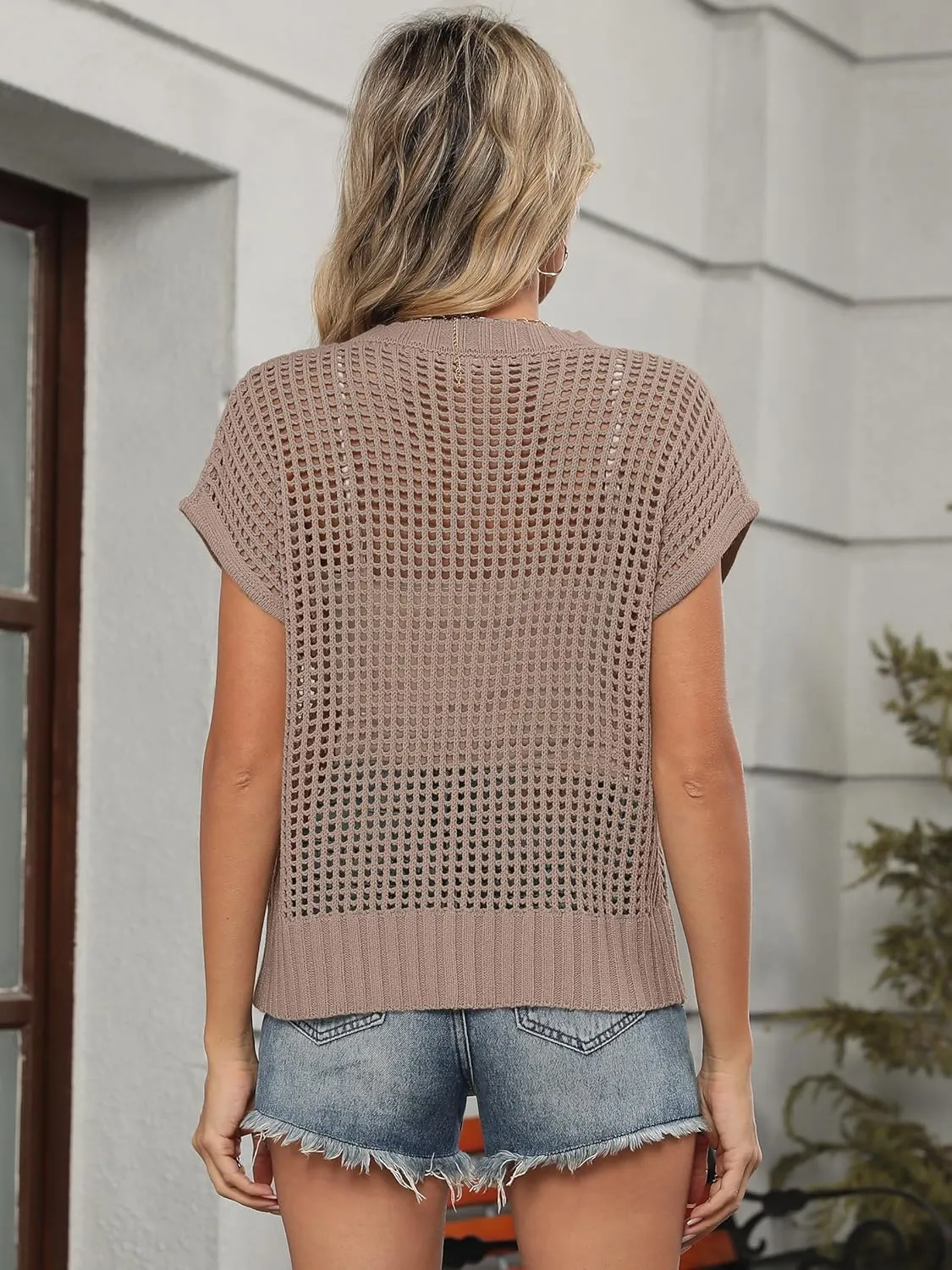 ANRABESS Womens Summer Crochet Sweater Tops Casual Cap Short Sleeve Hollow Out Mesh Knit Beach Cover Up Shirts 2025 Spring