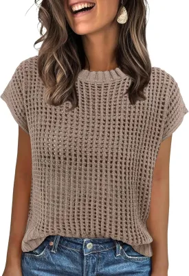 ANRABESS Womens Summer Crochet Sweater Tops Casual Cap Short Sleeve Hollow Out Mesh Knit Beach Cover Up Shirts 2025 Spring