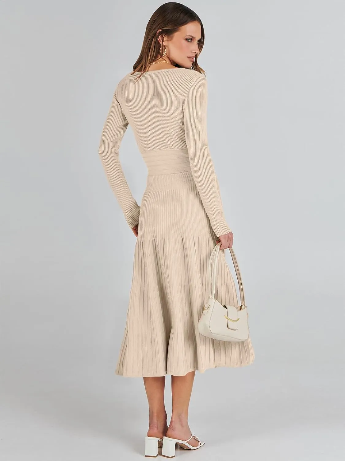 ANRABESS Womens Wrap Midi Sweater Dresses Long Sleeve V Neck Bodycon High Waist Ribbed Knit Pleated A-Line Dress 2024 Trendy