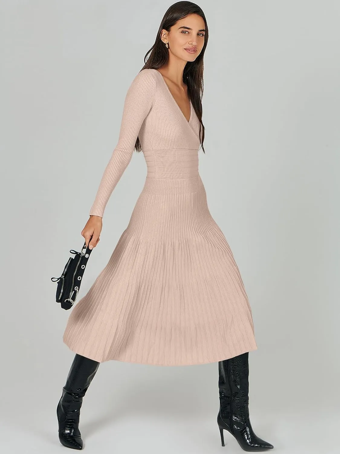 ANRABESS Womens Wrap Midi Sweater Dresses Long Sleeve V Neck Bodycon High Waist Ribbed Knit Pleated A-Line Dress 2024 Trendy