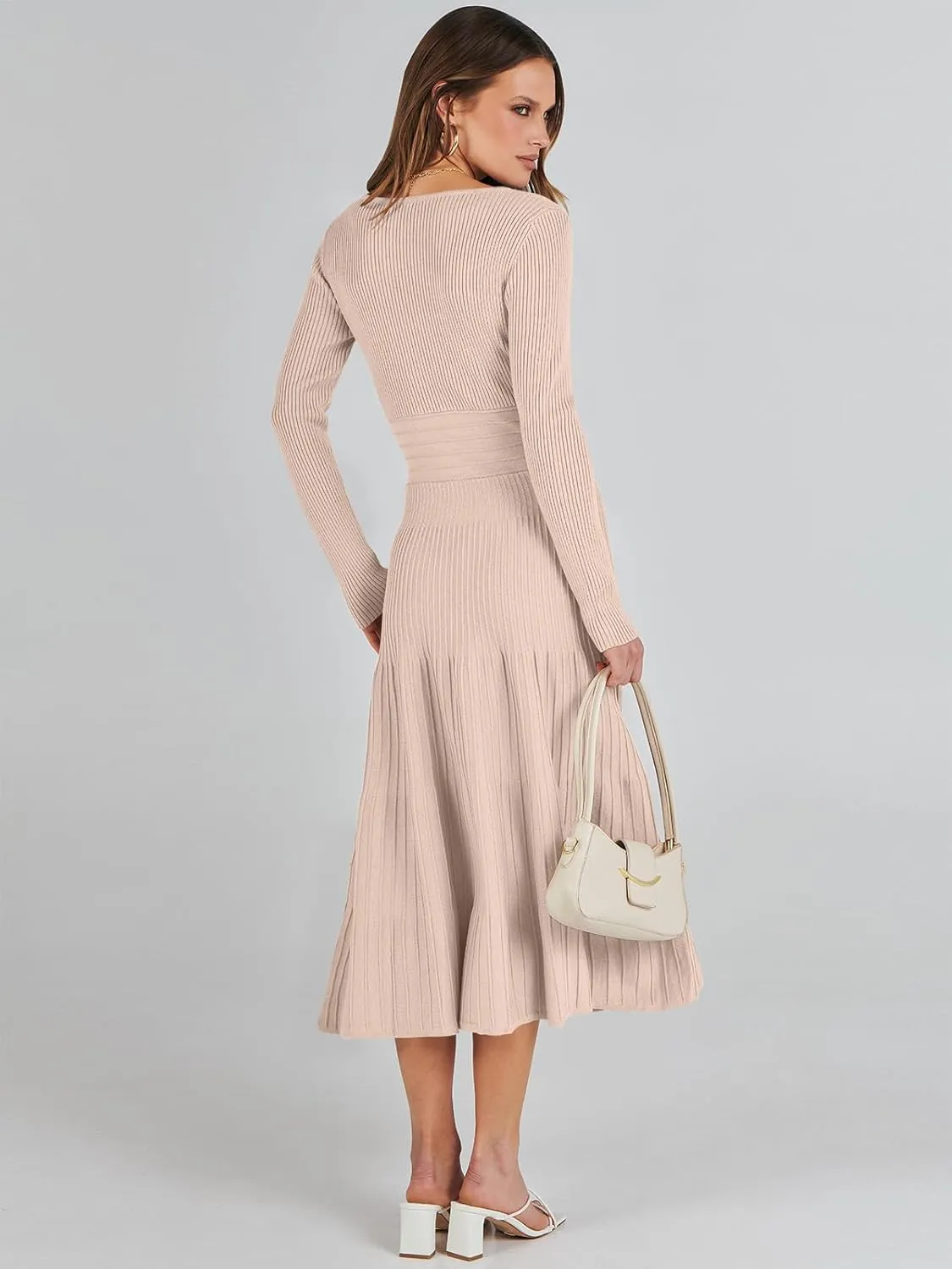 ANRABESS Womens Wrap Midi Sweater Dresses Long Sleeve V Neck Bodycon High Waist Ribbed Knit Pleated A-Line Dress 2024 Trendy