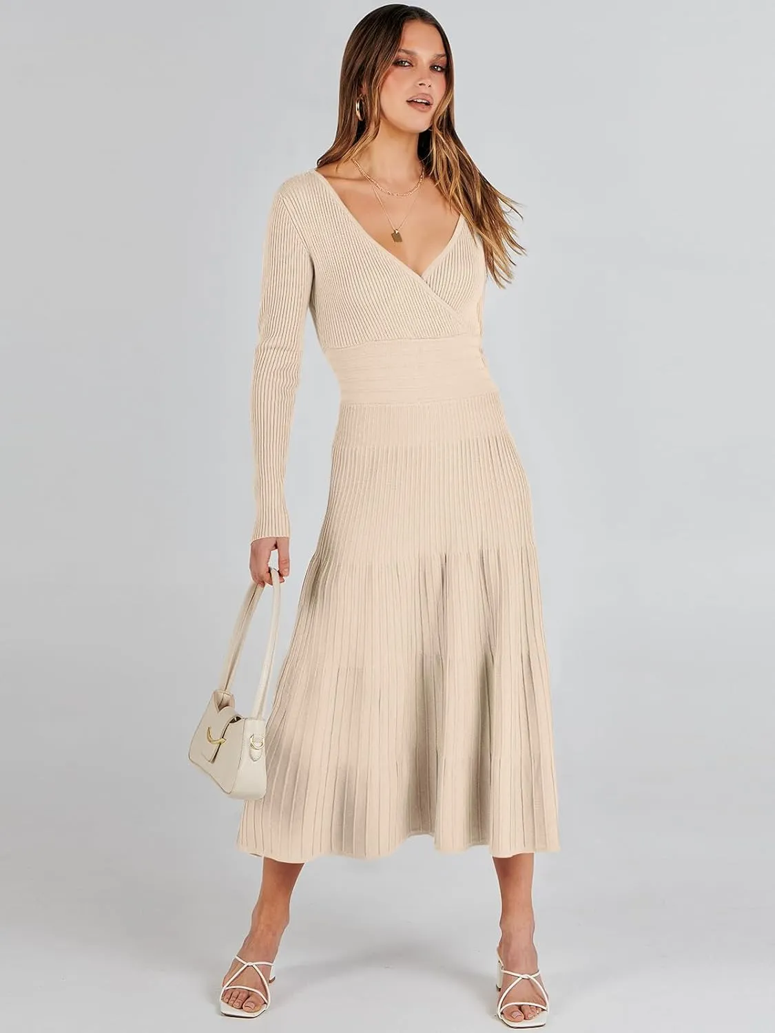 ANRABESS Womens Wrap Midi Sweater Dresses Long Sleeve V Neck Bodycon High Waist Ribbed Knit Pleated A-Line Dress 2024 Trendy