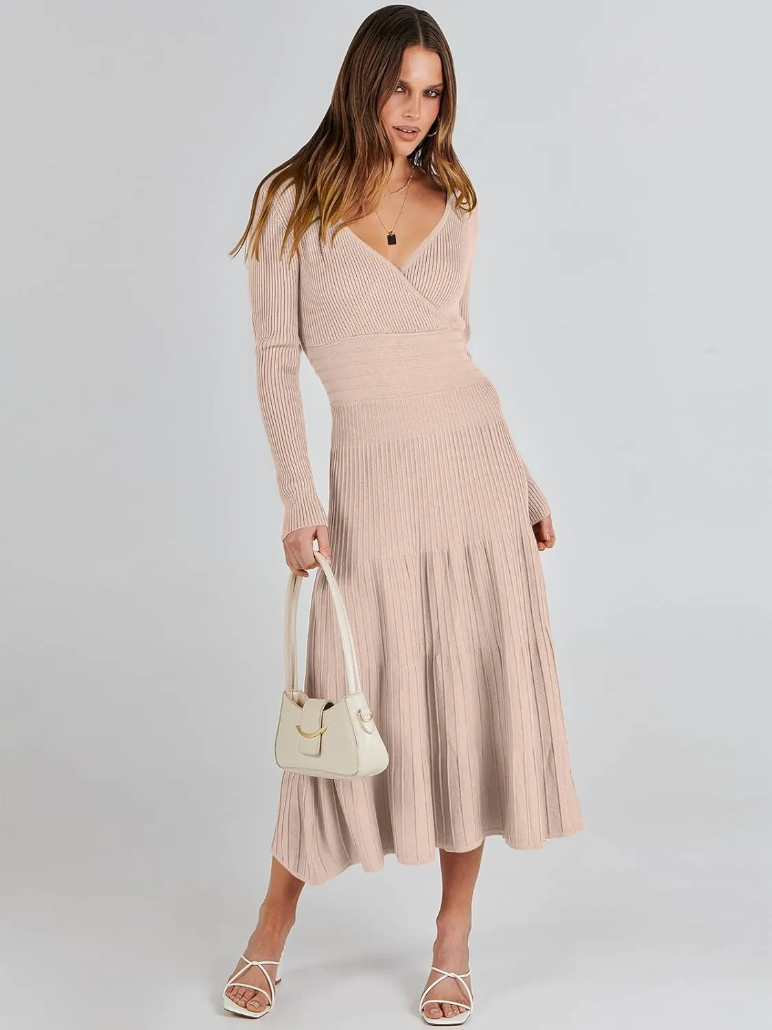 ANRABESS Womens Wrap Midi Sweater Dresses Long Sleeve V Neck Bodycon High Waist Ribbed Knit Pleated A-Line Dress 2024 Trendy