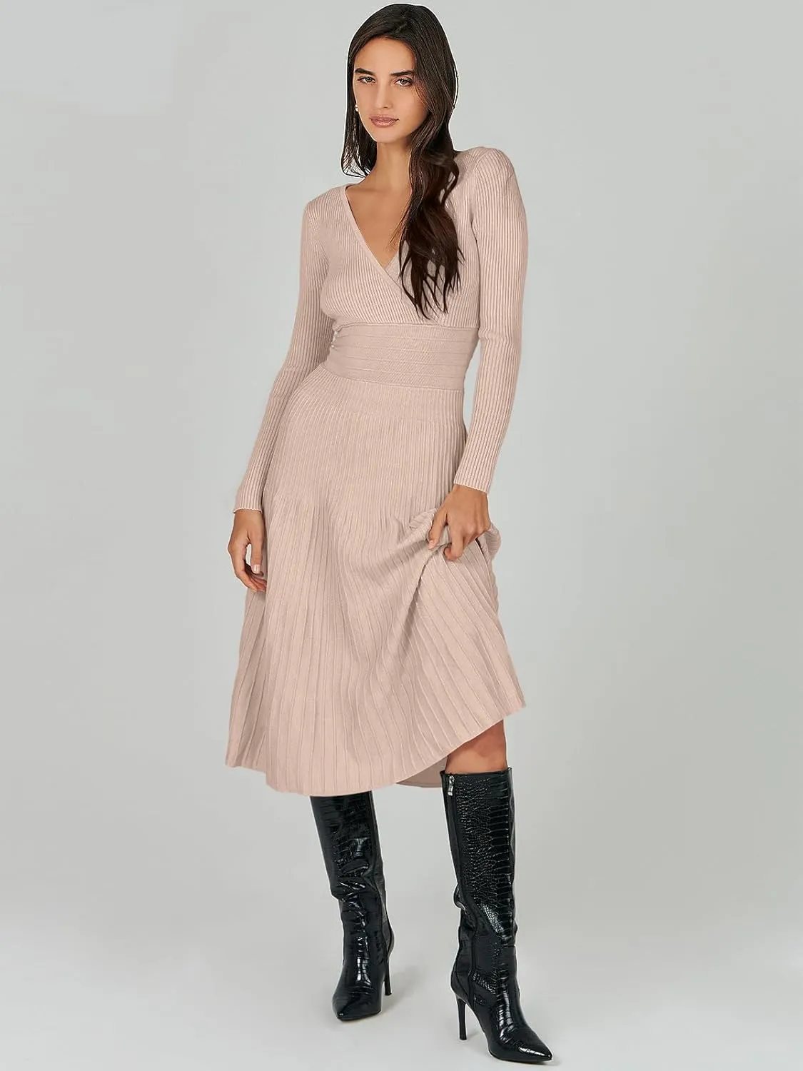 ANRABESS Womens Wrap Midi Sweater Dresses Long Sleeve V Neck Bodycon High Waist Ribbed Knit Pleated A-Line Dress 2024 Trendy