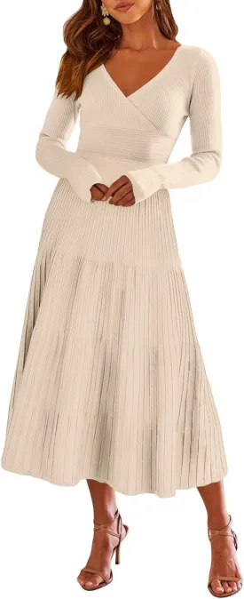 ANRABESS Womens Wrap Midi Sweater Dresses Long Sleeve V Neck Bodycon High Waist Ribbed Knit Pleated A-Line Dress 2024 Trendy