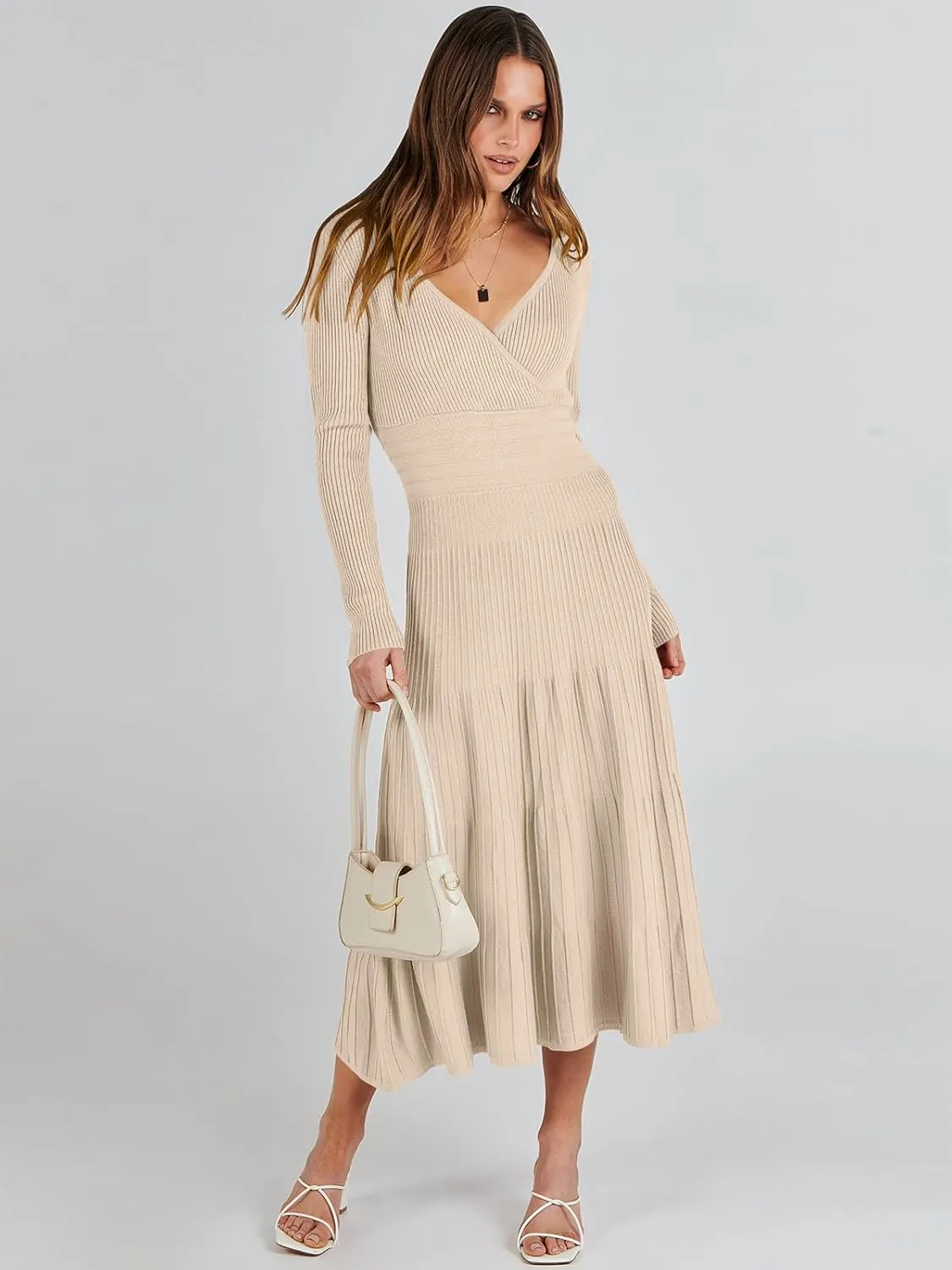 ANRABESS Womens Wrap Midi Sweater Dresses Long Sleeve V Neck Bodycon High Waist Ribbed Knit Pleated A-Line Dress 2024 Trendy