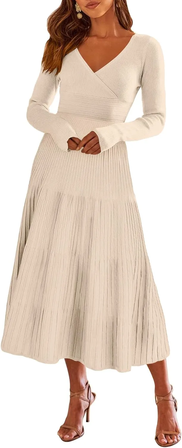 ANRABESS Womens Wrap Midi Sweater Dresses Long Sleeve V Neck Bodycon High Waist Ribbed Knit Pleated A-Line Dress 2024 Trendy