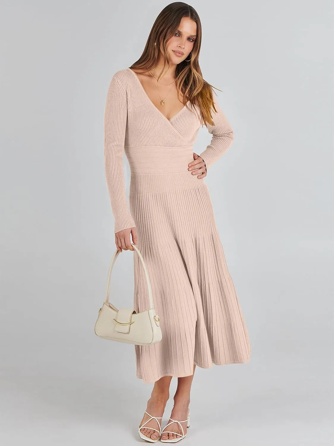 ANRABESS Womens Wrap Midi Sweater Dresses Long Sleeve V Neck Bodycon High Waist Ribbed Knit Pleated A-Line Dress 2024 Trendy