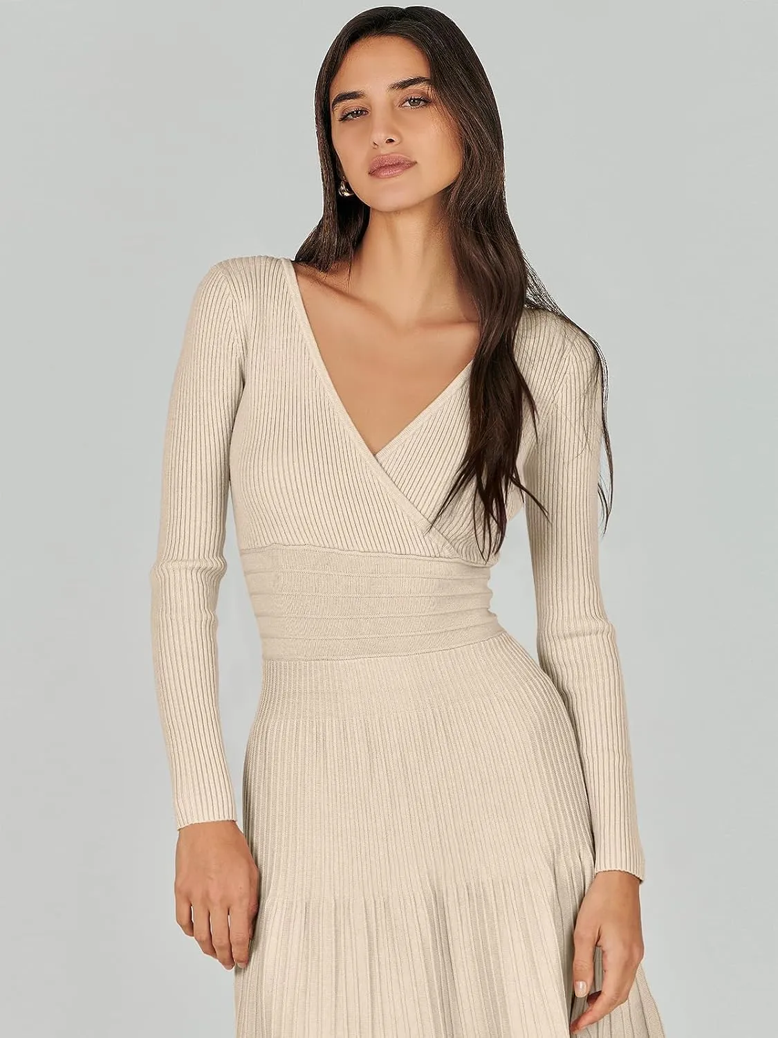 ANRABESS Womens Wrap Midi Sweater Dresses Long Sleeve V Neck Bodycon High Waist Ribbed Knit Pleated A-Line Dress 2024 Trendy