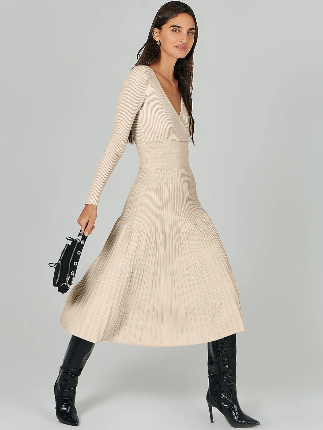 ANRABESS Womens Wrap Midi Sweater Dresses Long Sleeve V Neck Bodycon High Waist Ribbed Knit Pleated A-Line Dress 2024 Trendy