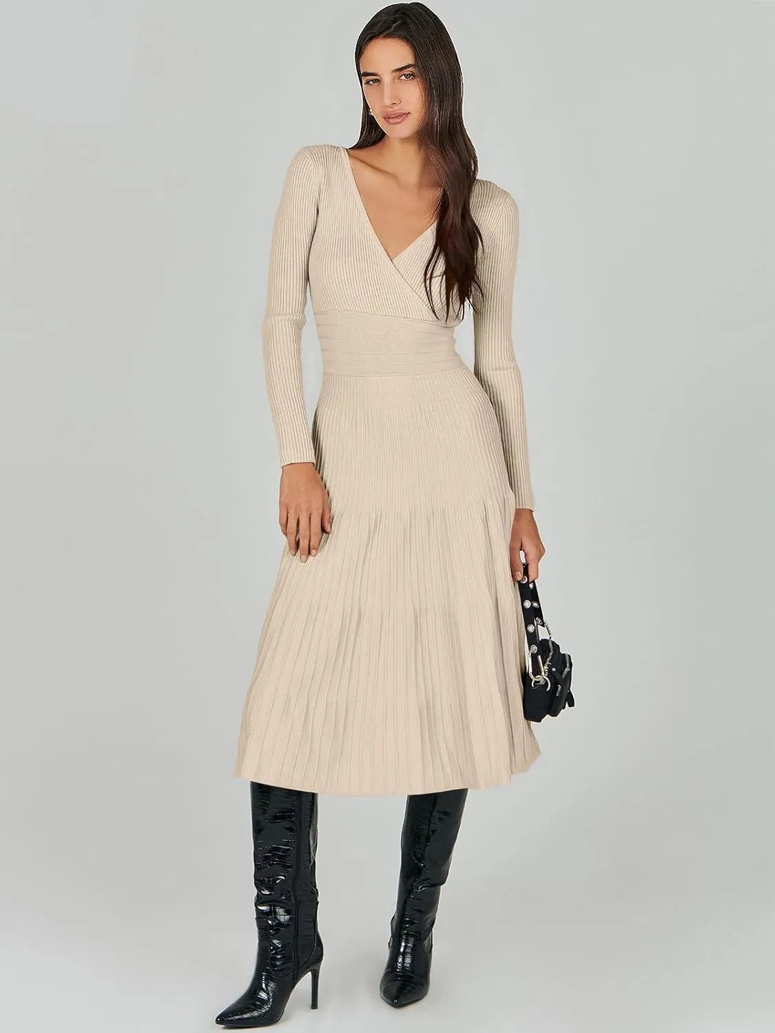 ANRABESS Womens Wrap Midi Sweater Dresses Long Sleeve V Neck Bodycon High Waist Ribbed Knit Pleated A-Line Dress 2024 Trendy