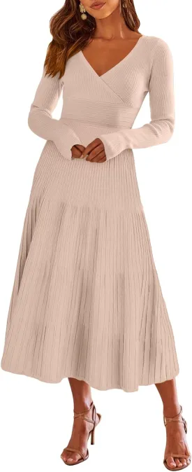 ANRABESS Womens Wrap Midi Sweater Dresses Long Sleeve V Neck Bodycon High Waist Ribbed Knit Pleated A-Line Dress 2024 Trendy