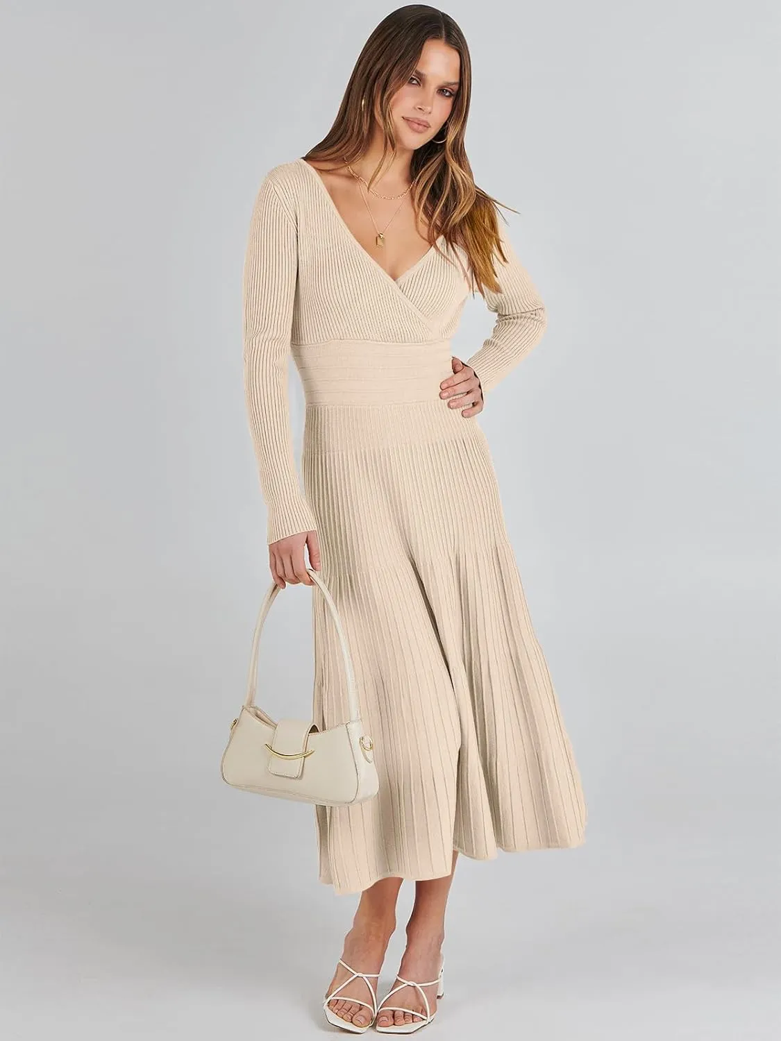 ANRABESS Womens Wrap Midi Sweater Dresses Long Sleeve V Neck Bodycon High Waist Ribbed Knit Pleated A-Line Dress 2024 Trendy