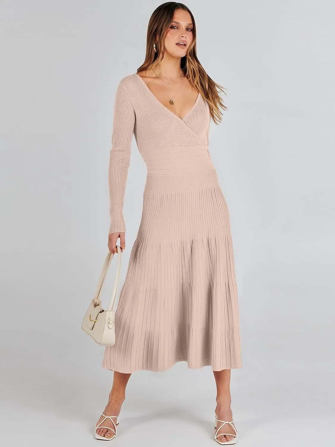 ANRABESS Womens Wrap Midi Sweater Dresses Long Sleeve V Neck Bodycon High Waist Ribbed Knit Pleated A-Line Dress 2024 Trendy