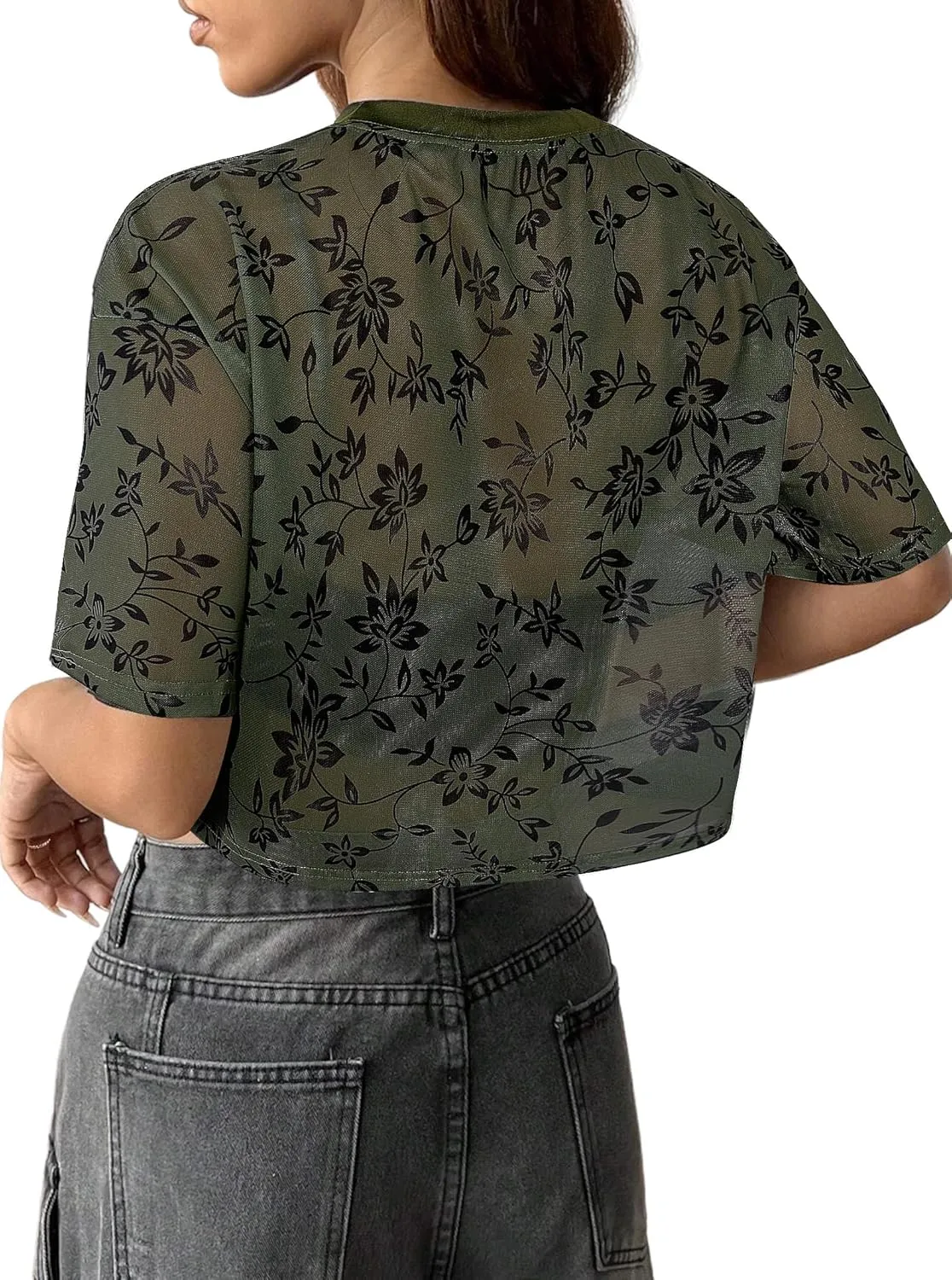 Avanova Women Sexy Sheer Mesh Crop Top See Through Oversized Short Sleeves Boxy Tee Shirt