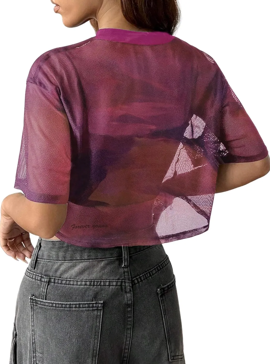 Avanova Women Sexy Sheer Mesh Crop Top See Through Oversized Short Sleeves Boxy Tee Shirt