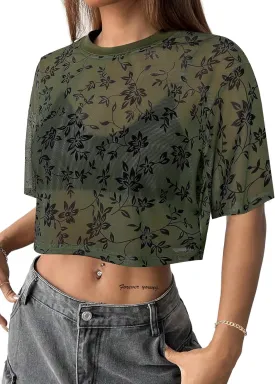 Avanova Women Sexy Sheer Mesh Crop Top See Through Oversized Short Sleeves Boxy Tee Shirt