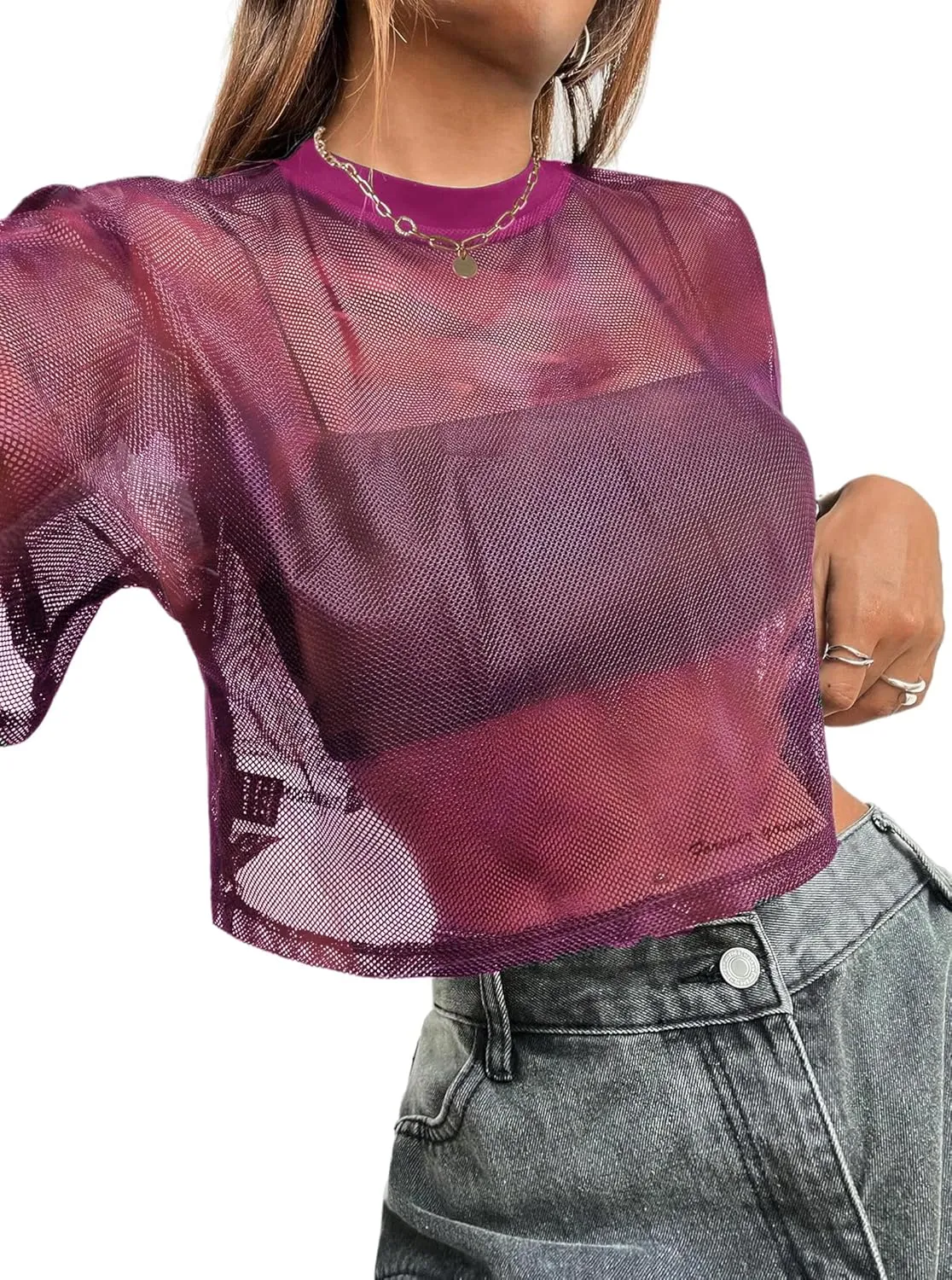 Avanova Women Sexy Sheer Mesh Crop Top See Through Oversized Short Sleeves Boxy Tee Shirt