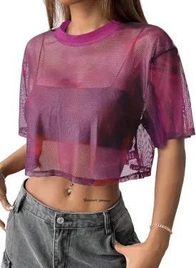 Avanova Women Sexy Sheer Mesh Crop Top See Through Oversized Short Sleeves Boxy Tee Shirt
