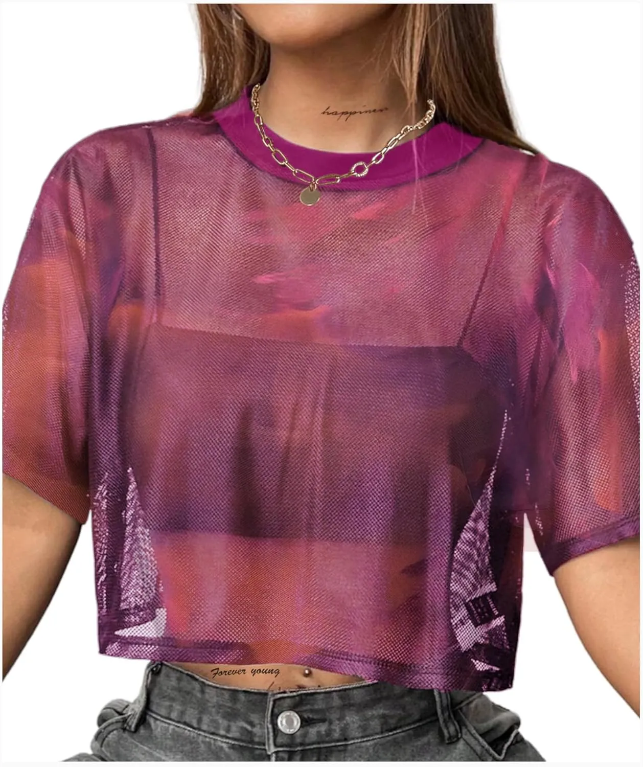 Avanova Women Sexy Sheer Mesh Crop Top See Through Oversized Short Sleeves Boxy Tee Shirt