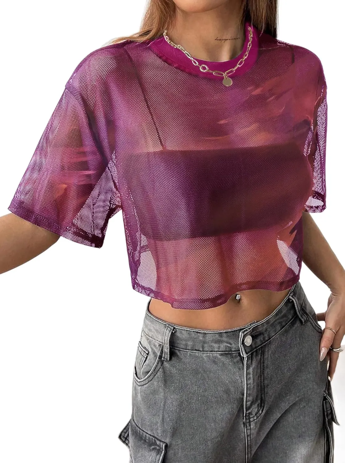 Avanova Women Sexy Sheer Mesh Crop Top See Through Oversized Short Sleeves Boxy Tee Shirt