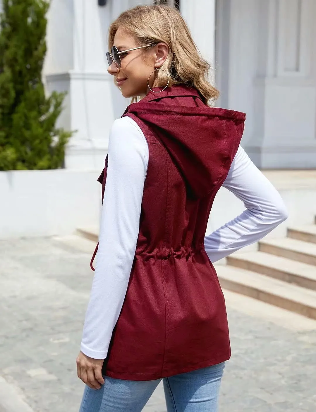 BBX Lephsnt Womens Utility Vest Drawstring Waist Military Sleeveless Jacket