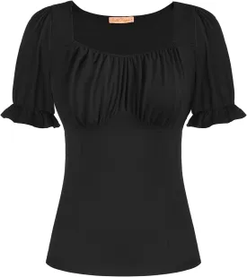 Belle Poque Women Vintage Ruched Tops Square Neck Puff Short Sleeve Cotton Shirt