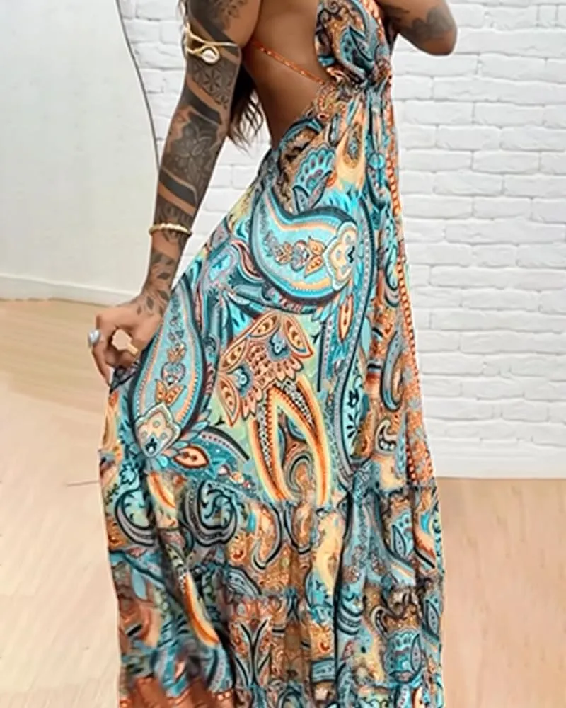 CHICME Womens Summer Dresses 2025 Spaghetti Strap V Neck Beach Sundress Backless Boho Flowy Maxi Dress