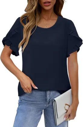 CRAZY GRID Womens Oversized Tshirts Casual Ruffle Tops Short Sleeve Summer Blouses Soild Crewneck Cotton Tunics Loose Fit Plain Clothes 2025 Navy-XXL