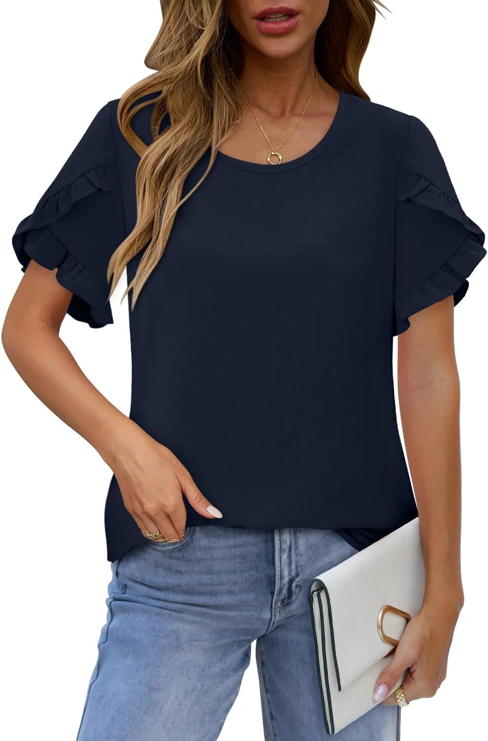 CRAZY GRID Womens Oversized Tshirts Casual Ruffle Tops Short Sleeve Summer Blouses Soild Crewneck Cotton Tunics Loose Fit Plain Clothes 2025 Navy-XXL