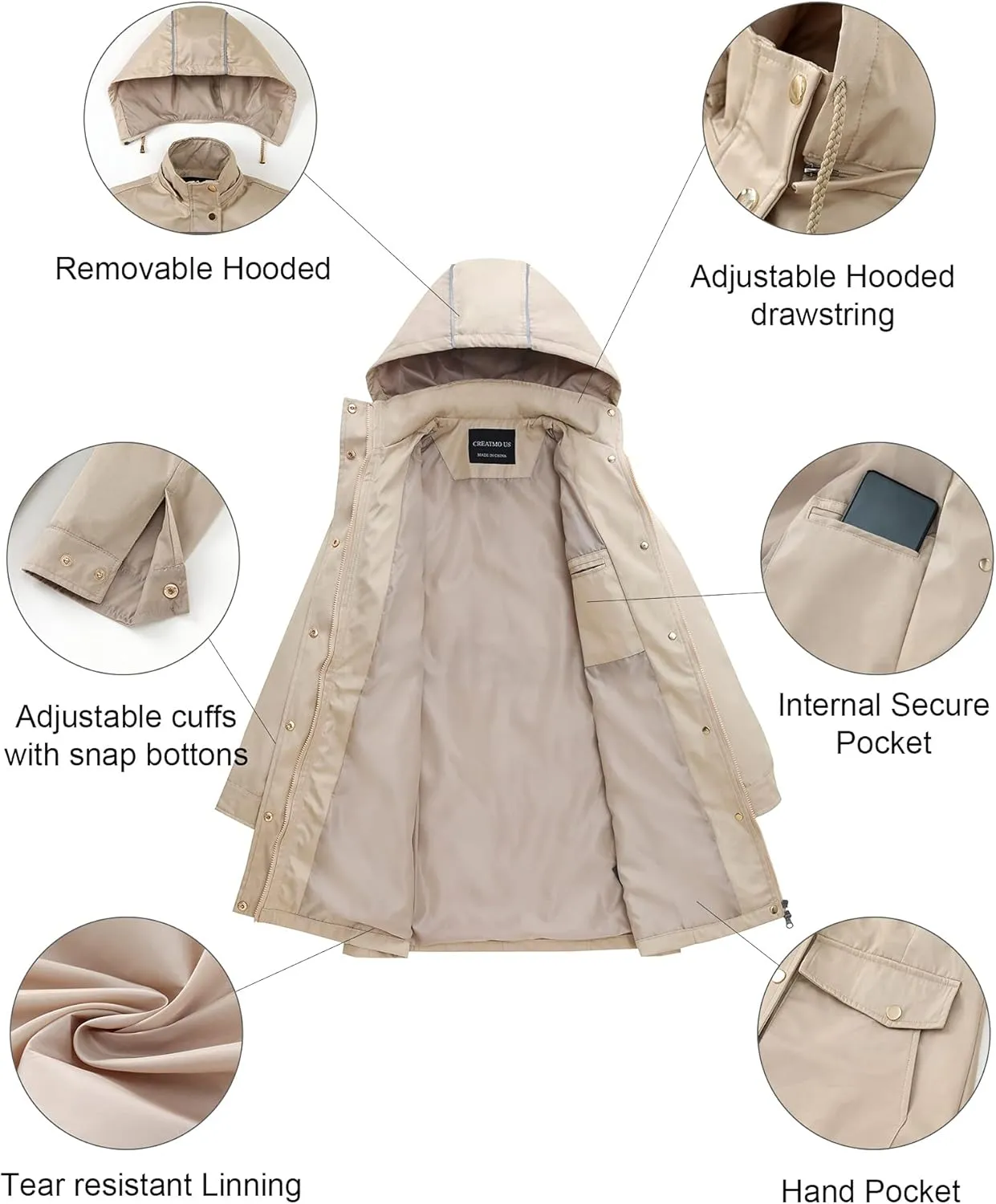 CREATMO US Women's Plus Size Water-Resistant Trench Coat Long Windbreaker Military Jacket with Reflective Removable Hood