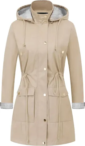 CREATMO US Women's Plus Size Water-Resistant Trench Coat Long Windbreaker Military Jacket with Reflective Removable Hood
