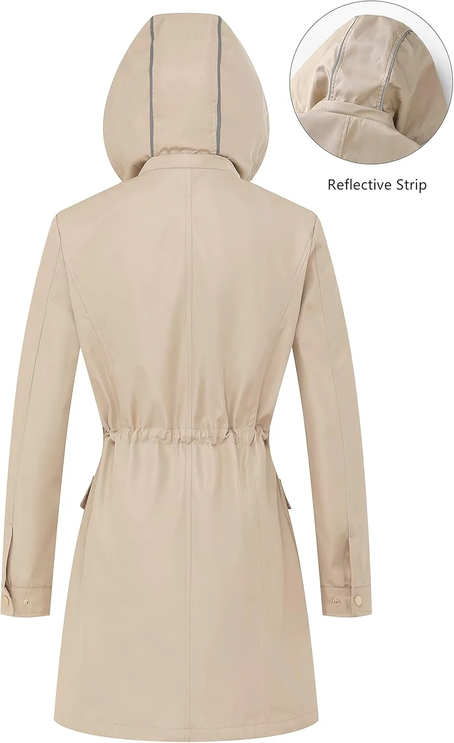 CREATMO US Women's Plus Size Water-Resistant Trench Coat Long Windbreaker Military Jacket with Reflective Removable Hood