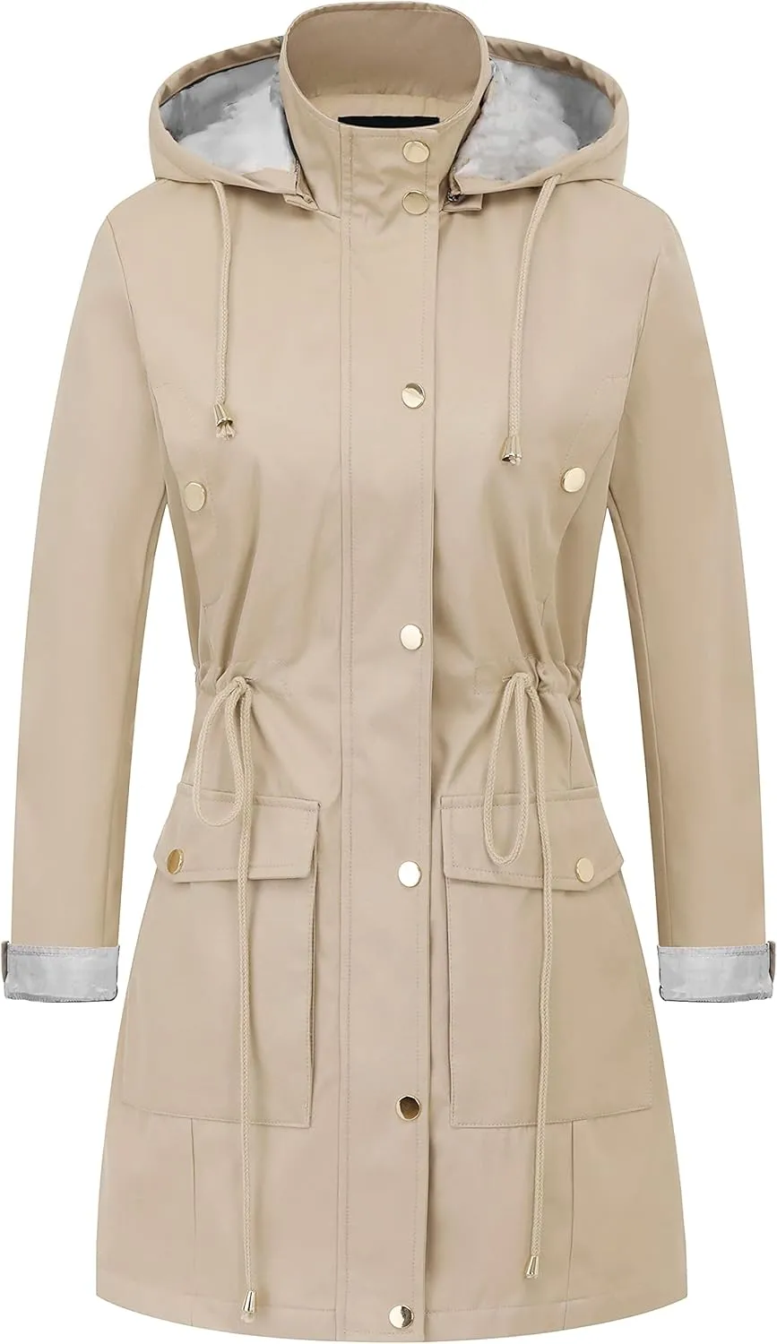 CREATMO US Women's Plus Size Water-Resistant Trench Coat Long Windbreaker Military Jacket with Reflective Removable Hood