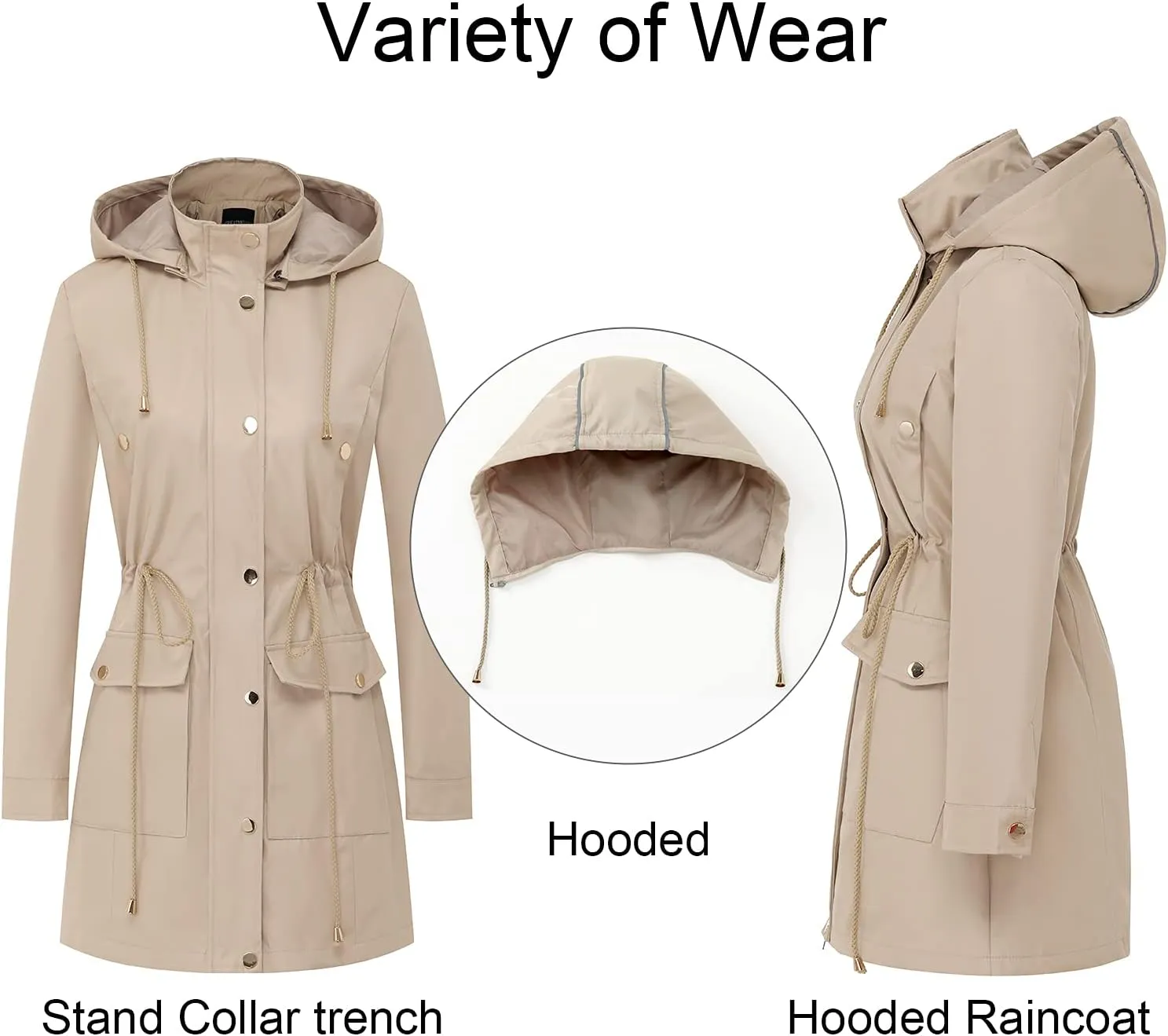 CREATMO US Women's Plus Size Water-Resistant Trench Coat Long Windbreaker Military Jacket with Reflective Removable Hood