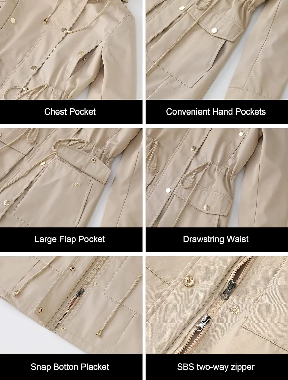 CREATMO US Women's Plus Size Water-Resistant Trench Coat Long Windbreaker Military Jacket with Reflective Removable Hood
