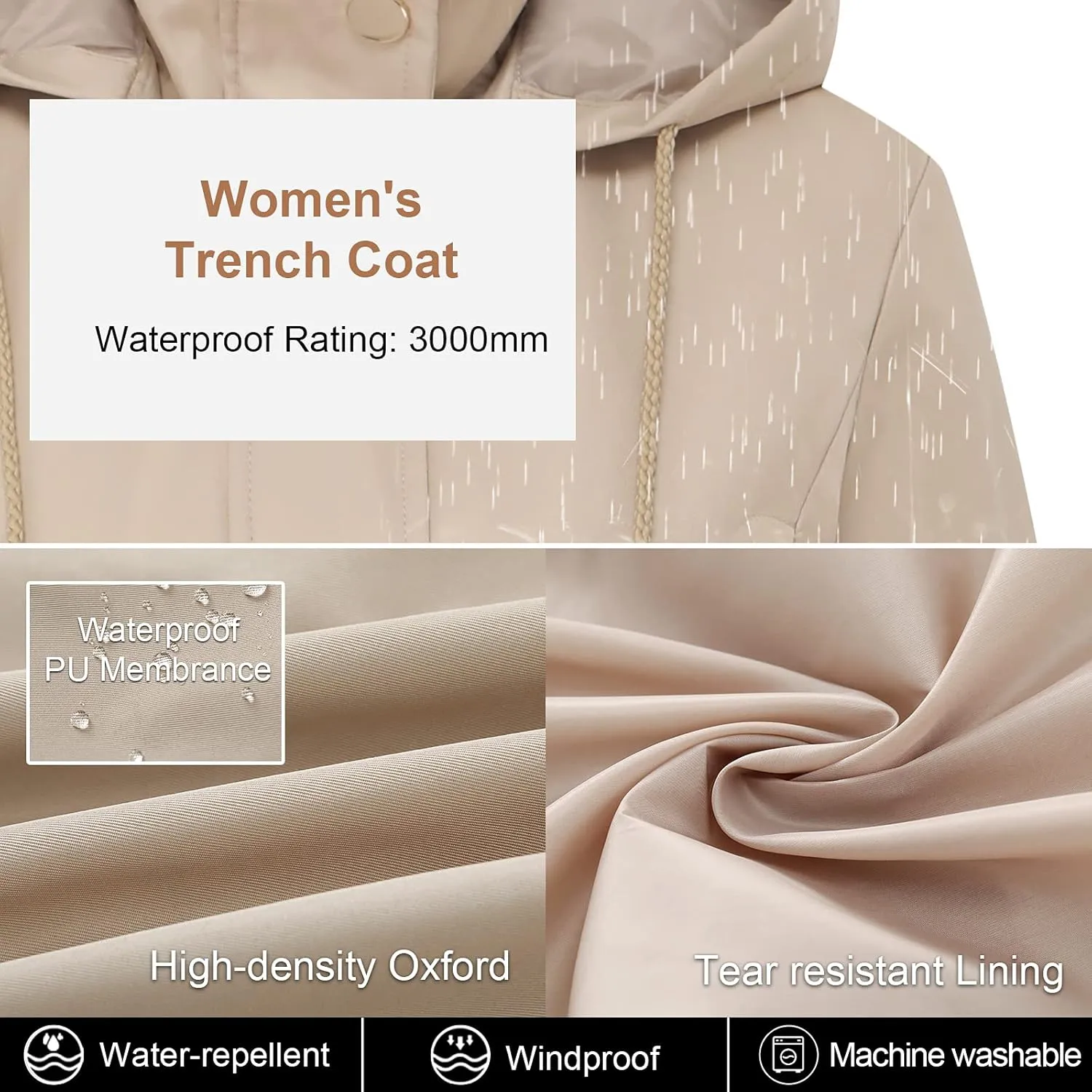 CREATMO US Women's Plus Size Water-Resistant Trench Coat Long Windbreaker Military Jacket with Reflective Removable Hood