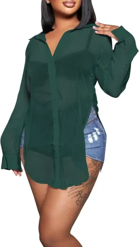 EDITCOZY Women's Sheer Cover Ups Button Up Blouse Sexy Long Sleeve Slit Hem Mesh See Through Shirts Tops