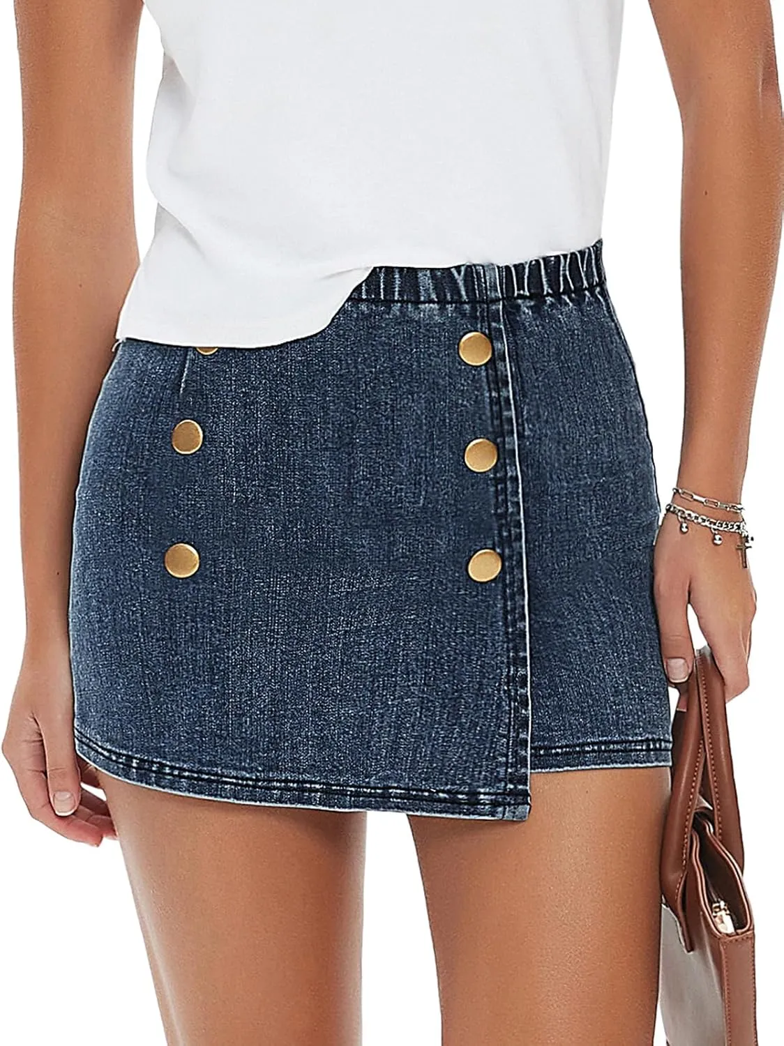 EXLURA Womens Button Bodycon Mini Skirt Sexy Night Club High Waist Elastic Y2K Trendy Short Plaid Skirts