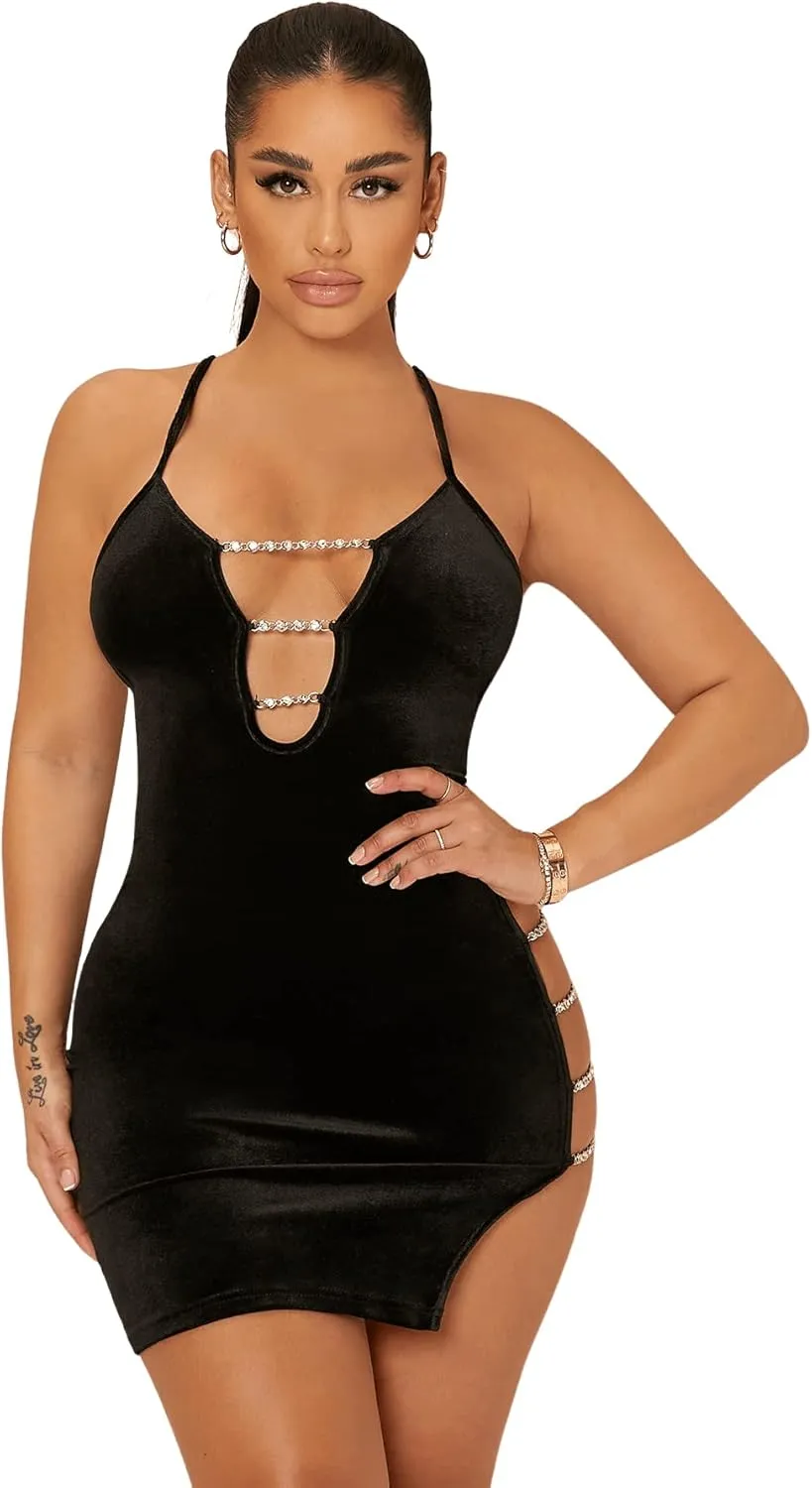 Floerns Women's Chain Cut Out Sleeveless Velvet Bodycon Party Mini Dress