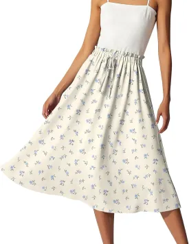 GOFULY Skirts for Women Midi Length Trendy Summer Print A Line Skirt Knee Drawstring Elastic High Waist Smocked Skirt