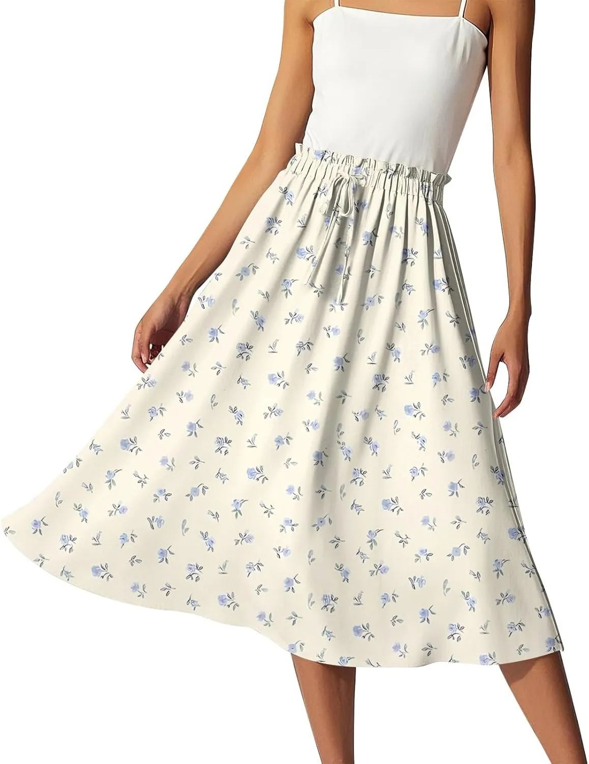 GOFULY Skirts for Women Midi Length Trendy Summer Print A Line Skirt Knee Drawstring Elastic High Waist Smocked Skirt