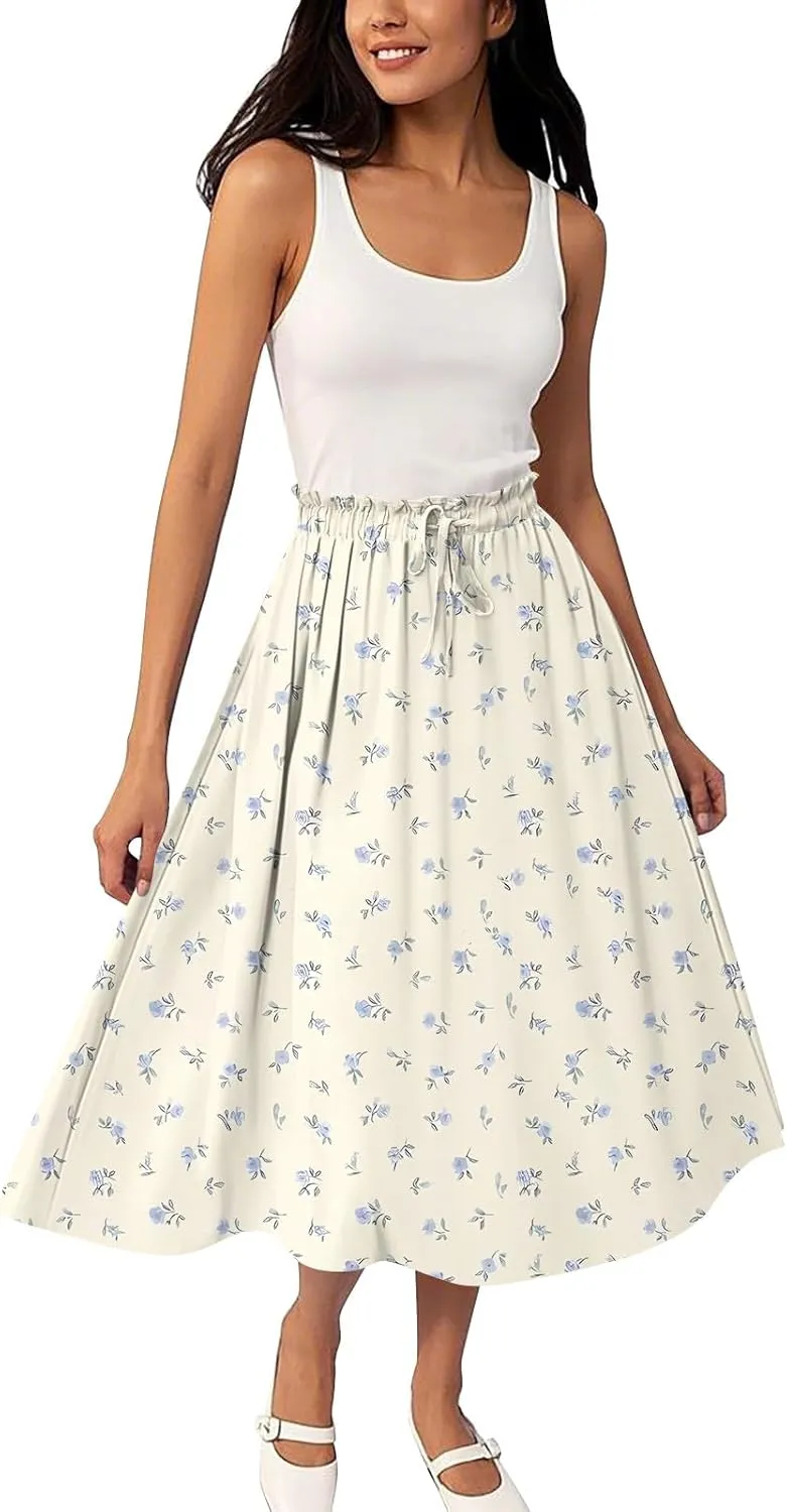 GOFULY Skirts for Women Midi Length Trendy Summer Print A Line Skirt Knee Drawstring Elastic High Waist Smocked Skirt