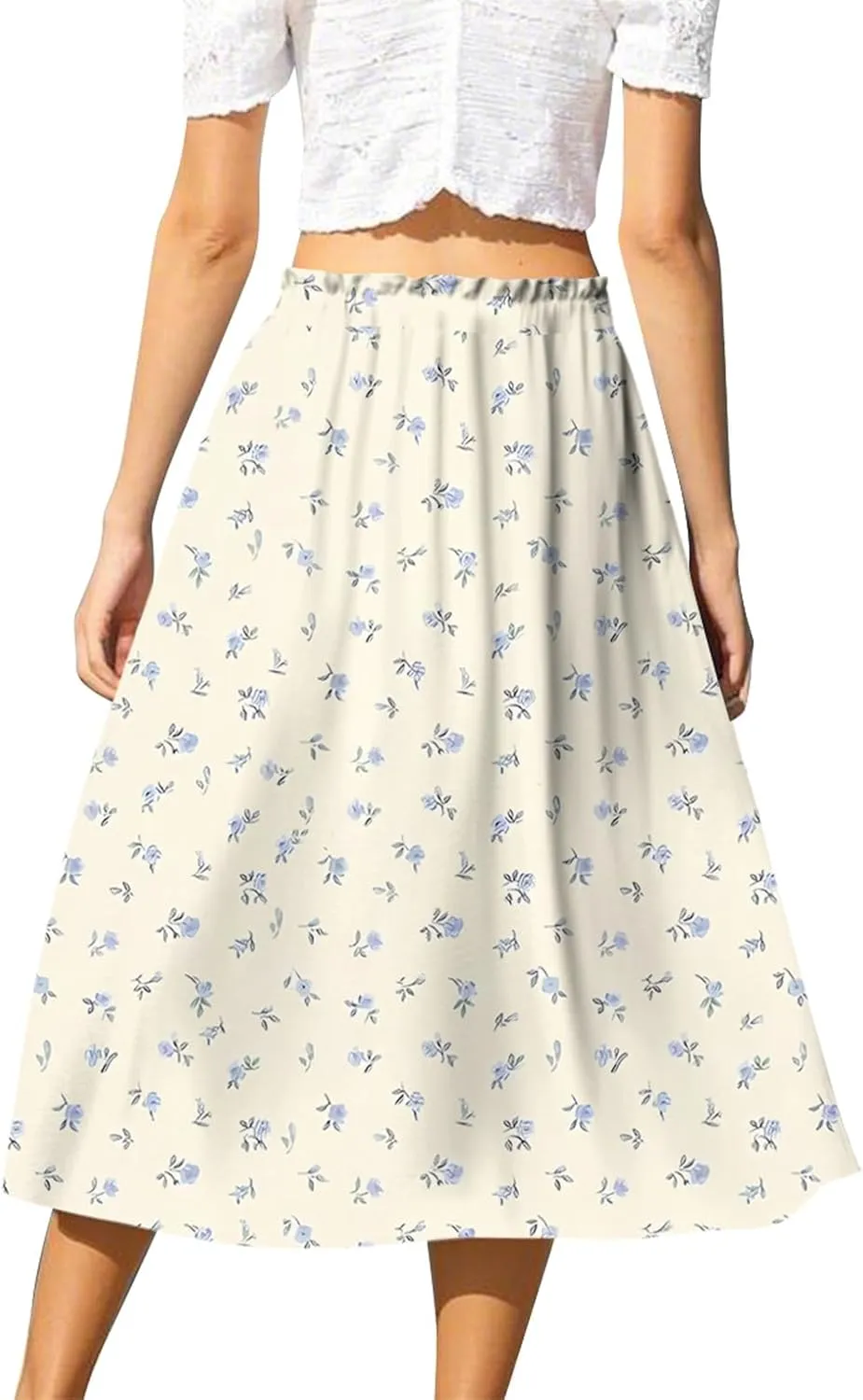 GOFULY Skirts for Women Midi Length Trendy Summer Print A Line Skirt Knee Drawstring Elastic High Waist Smocked Skirt