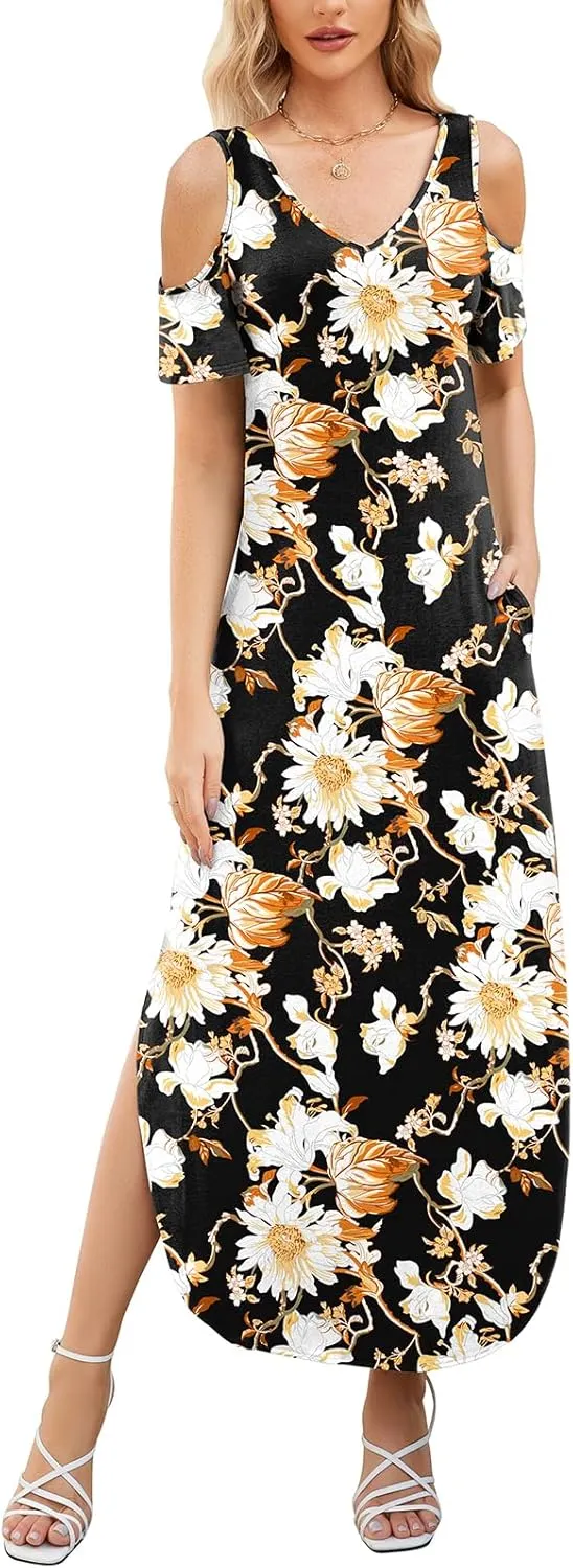 Gracyoga Maxi Dress for Women Casual Summer V Neck Cold Shoulder Short Sleeve Split Long Beach Dresses with Pockets