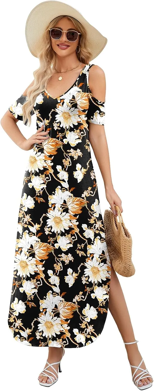 Gracyoga Maxi Dress for Women Casual Summer V Neck Cold Shoulder Short Sleeve Split Long Beach Dresses with Pockets