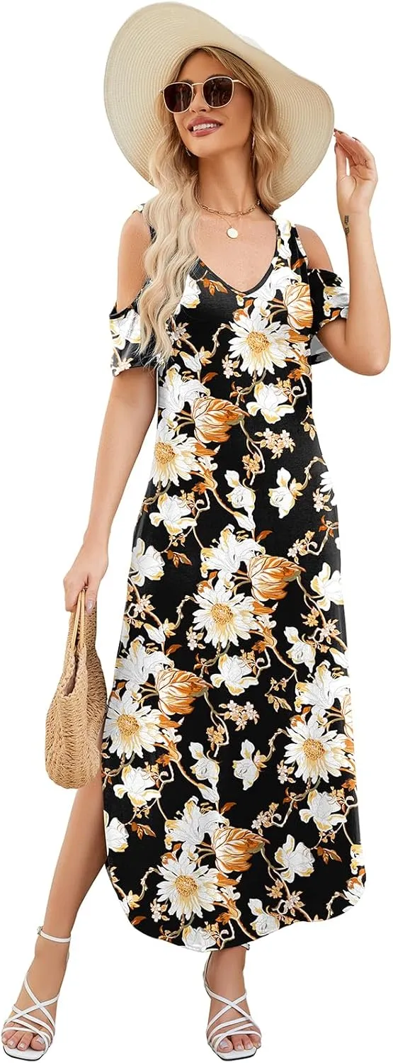 Gracyoga Maxi Dress for Women Casual Summer V Neck Cold Shoulder Short Sleeve Split Long Beach Dresses with Pockets