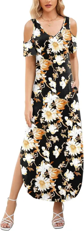 Gracyoga Maxi Dress for Women Casual Summer V Neck Cold Shoulder Short Sleeve Split Long Beach Dresses with Pockets
