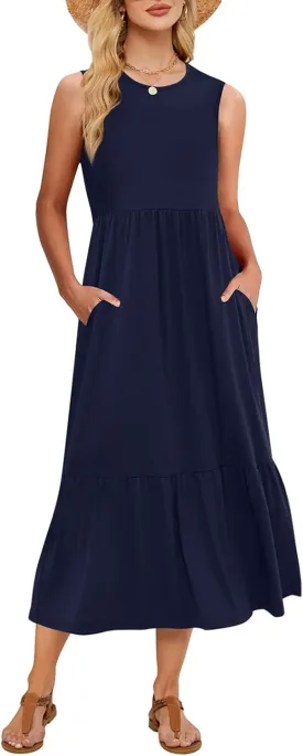 Gracyoga Women's Summer Maxi Dress 2025 Casual Sleeveless Crewneck Aline Flowy Tiered Long Beach Dresses with Pockets